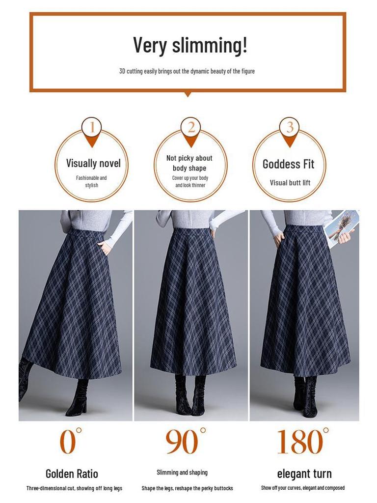 Chic High-Waisted Plaid A-Line Skirt - 2025 Autumn/Winter, Long Length, Women's Cozy Fashion