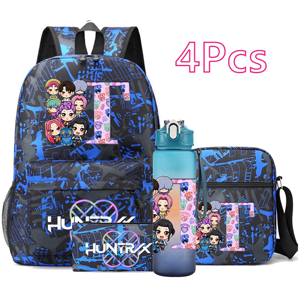 4Pcs/set 26 English Letter Printed Backpack Large Capacity Bookbag Shoulder Bag Case Bag with 750ml Water Bottler Boy Girl Waterproof SchoolBag Gift