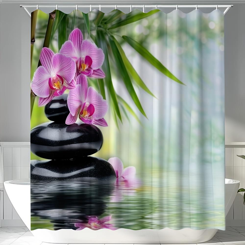 Pink Orchid And Zen Stones Shower Curtain Waterproof Easy To Clean Privacy Protection Print Spa Design Peaceful Nature 12Hooks