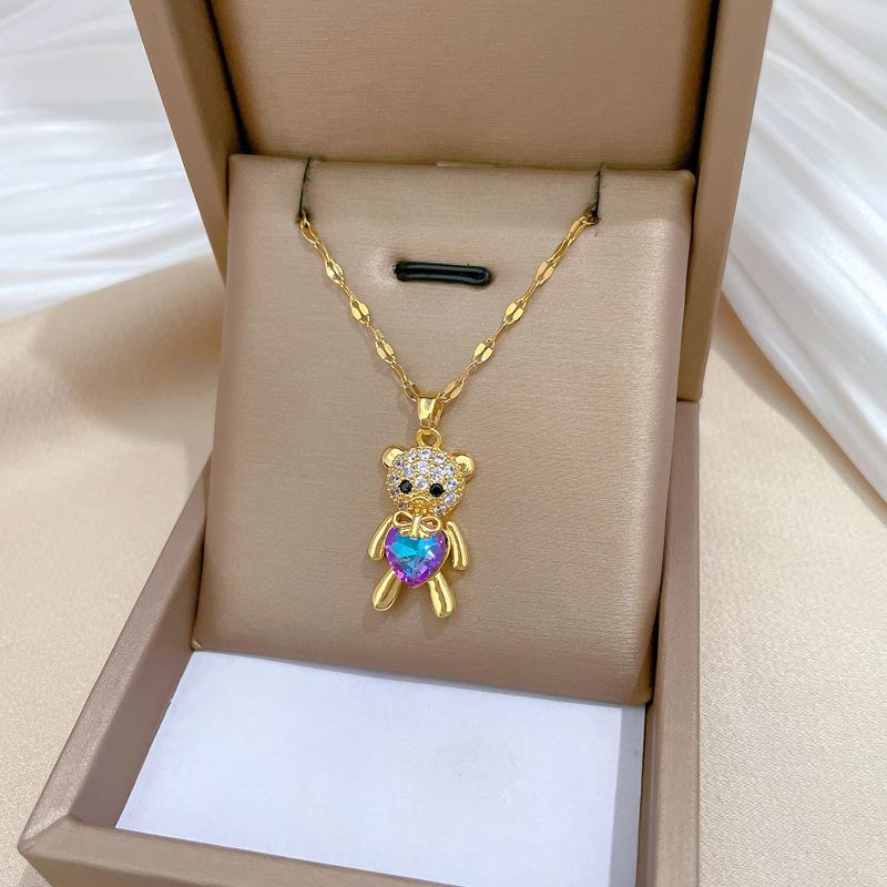 Love Bear Light Luxury Temperament Gorgeous Full Diamond Necklace Female Versatile Collarbone Chain Titanium Steel Chain