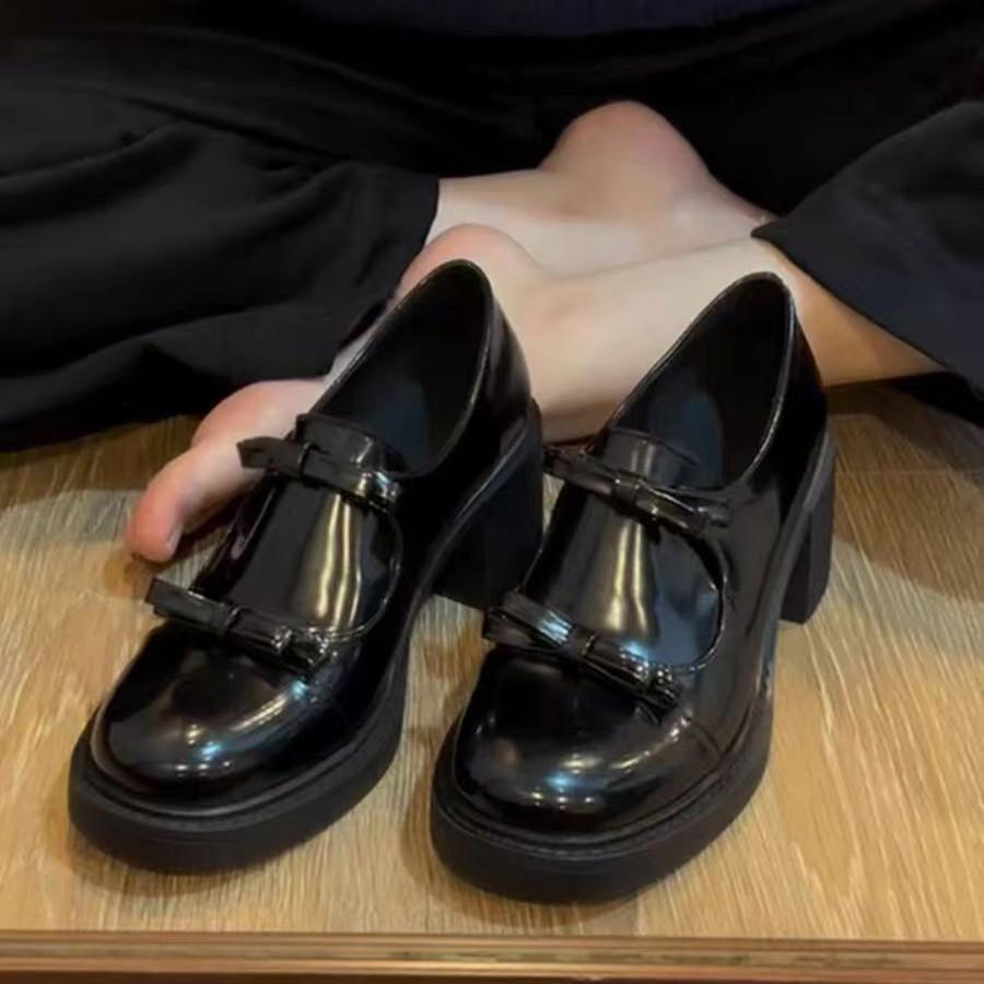 British high-heeled loafers for women French elegant bow thick-heeled single shoes British black small leather shoes for women