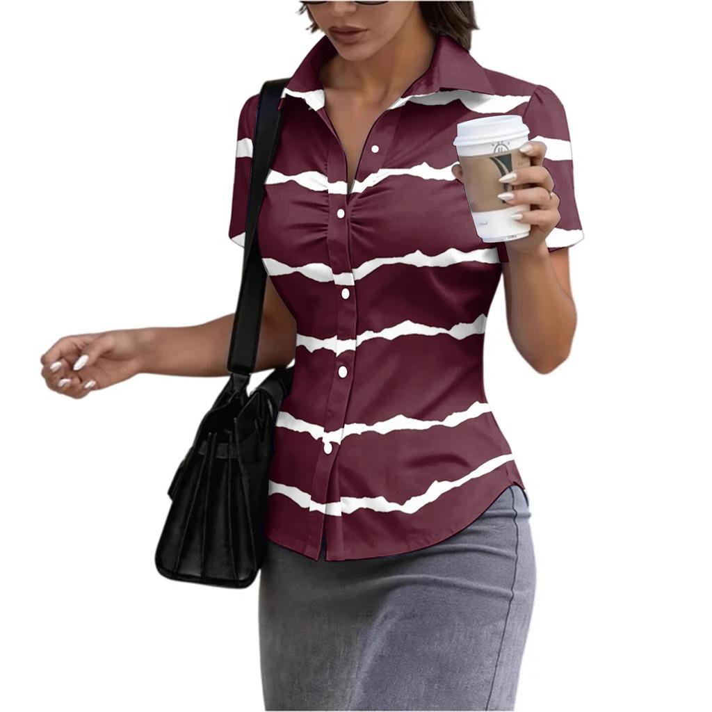 Women Short Sleeve Collared Shirt Slim Fit Button Down Casual Office Workwear Blouse Stretch Fabric Summer Top