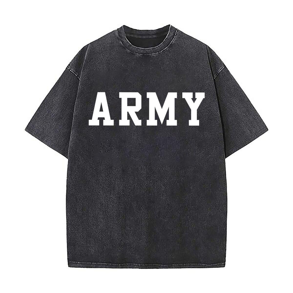 

Army Military Art Washed Faded Vintage Short Sleeve Fashion Versatile Daily Tee S