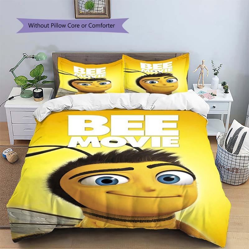 Bee Movie Cartoon Character Yellow Theme Print 3‑Pieces Duvet Cover Set Anime Bedding Without Pillow Core or Comforter