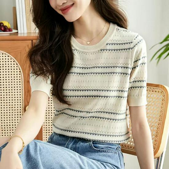 Women's 2026 Striped Ice Silk Knit Top - Summer Slim Fit, Petite, Round Neck, Jacquard Hollow, Short Sleeve.