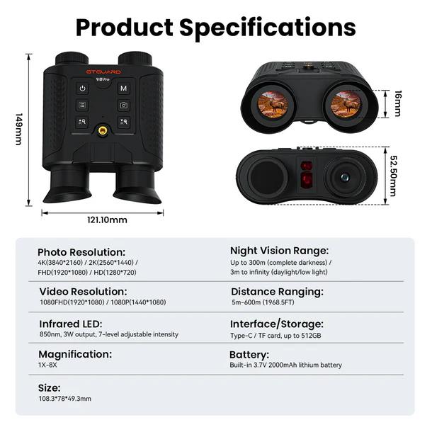 OEM/ODM Night Vision Binoculars GTGUARD V6 PRO 4K Video with 600M Laser Rangefinder ±1m Accuracy for Hunting Outdoor