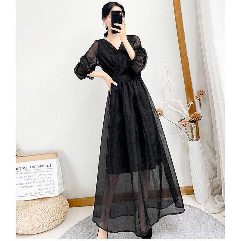 Women's Elegant Mesh Long Skirt, Monochromatic, V-Neck, Casual, Office Clothes, Lady, Summer Fashion