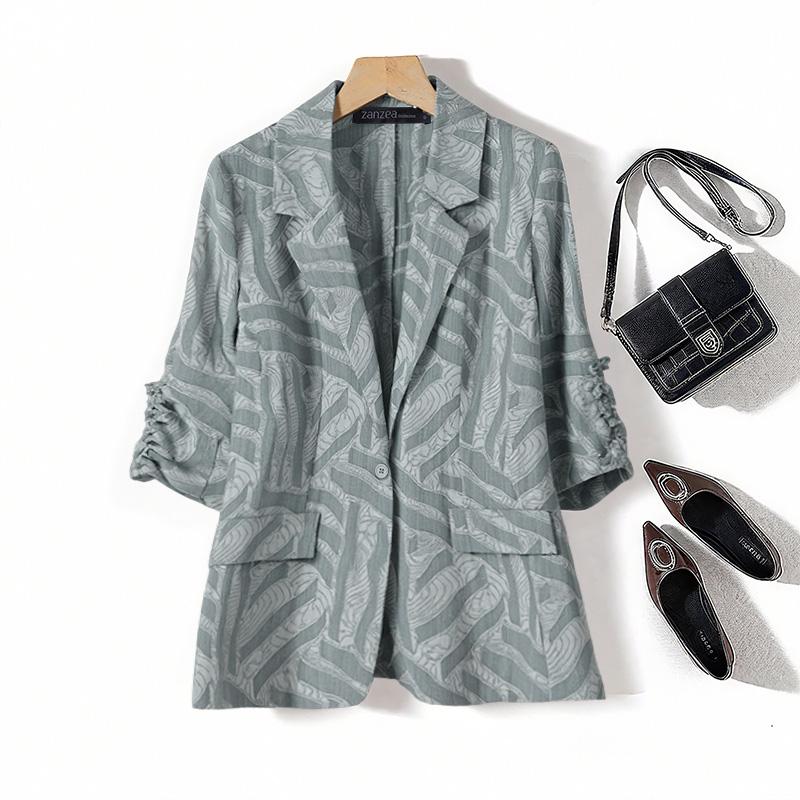ZANZEA Women Casual Notched Lapel Loose 3/4 Sleeve Print Cardigan Blouse