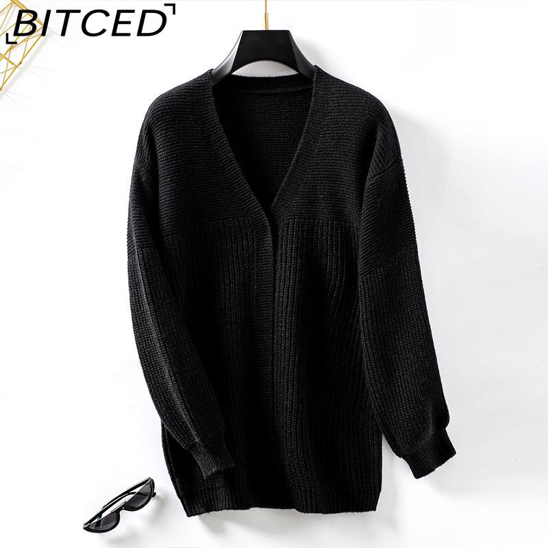 

BITCED Fall/Winter Casual Oversized Solid-Color Mid-Length Knit Cardigan Jacket for Women XL чёрный