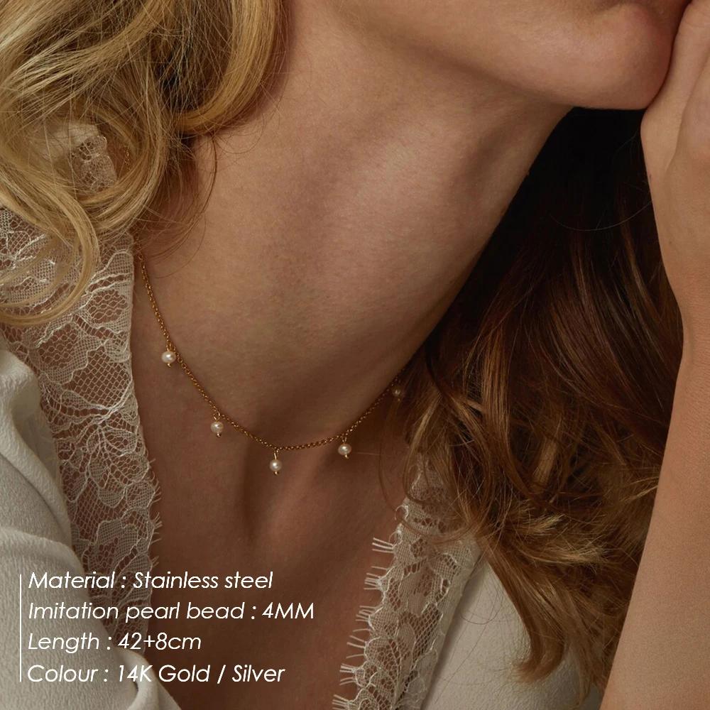 eManco Stainless Steel Imitation Pearl Tassel Necklaces Fashion Handmade Short Chain Jewelry 48 Hour Shipping Factory Direct