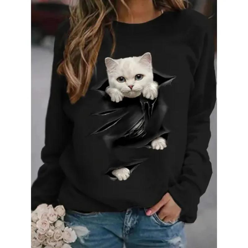 Spring and Autumn Round Neck Casual 3D Cat Print Cute Little Fresh Sweatshirt Women's Casual Home Wear Versatile Women's Hoodie