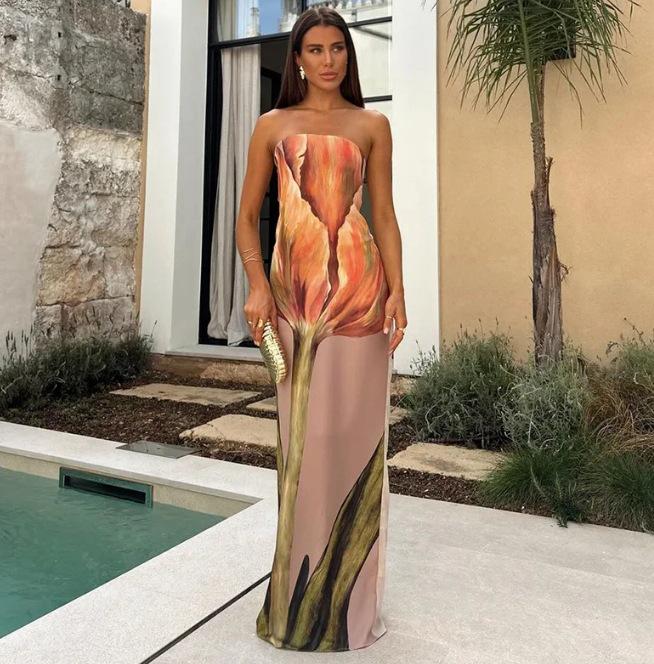 

European & American Women s Avocado Print Bandeau Dress - Hot Selling, Long-Term Stock Available M