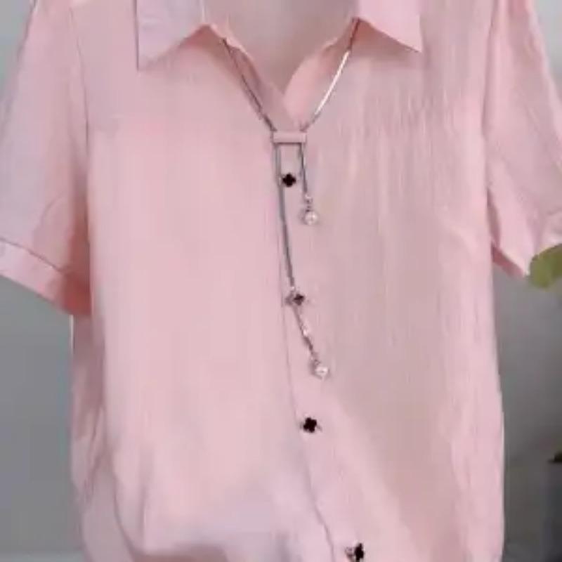 

Women s White Linen Blend Short Sleeve Shirt with Decorative String Casual Loose Blouse M розовый