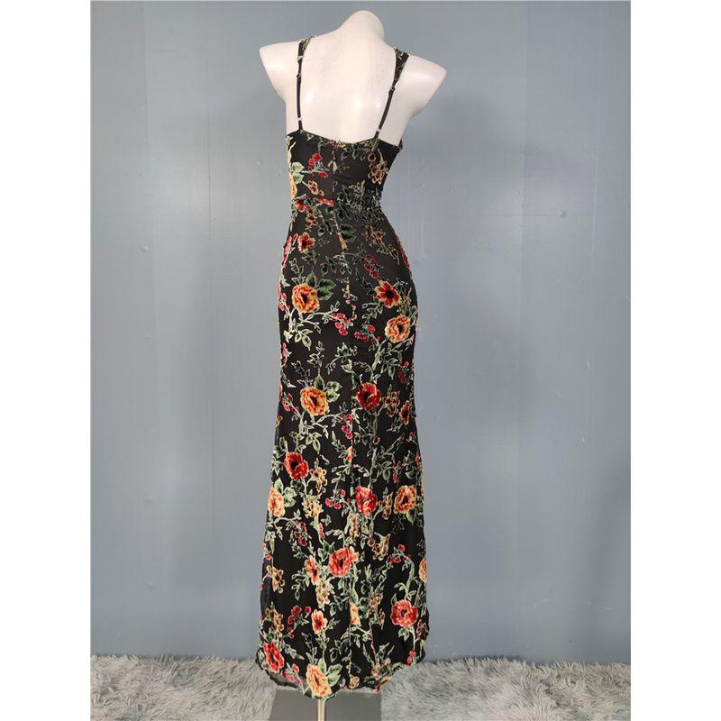 Foreign Trade Order Lu's Home Sling Flocking Flowers Sling Backless Slimming Elegant Fashion Socialite Party Sheath Dress