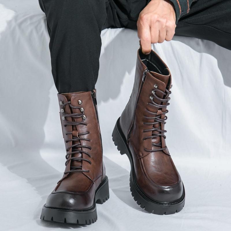Men's British Style Leather High-Top Martin Boots - Autumn/Winter, Thick Sole, Height-Increasing, Long Lace-Up, Motorcycle Design.