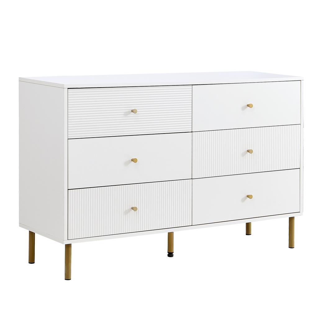 Modern 6-Drawer Chest, White Storage Chest with Zinc Alloy Handles & Steel Legs, 120×40×78cm MDF Cabinet for Bedroom, Living Room, Entryway