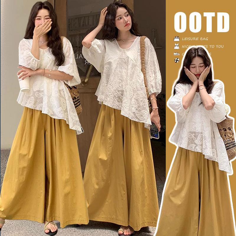 2026 Summer Korean Irregular Embroidered Two-Piece Set with Wide-Leg Pants and Adjustable Pig Nose Buckle L