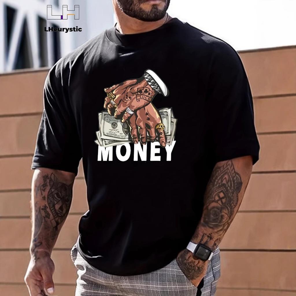 Summer Round Neck Money Graphic Printed T-shirts Fashionable Casual Pure Cotton Short Sleeved Men's T-shirts