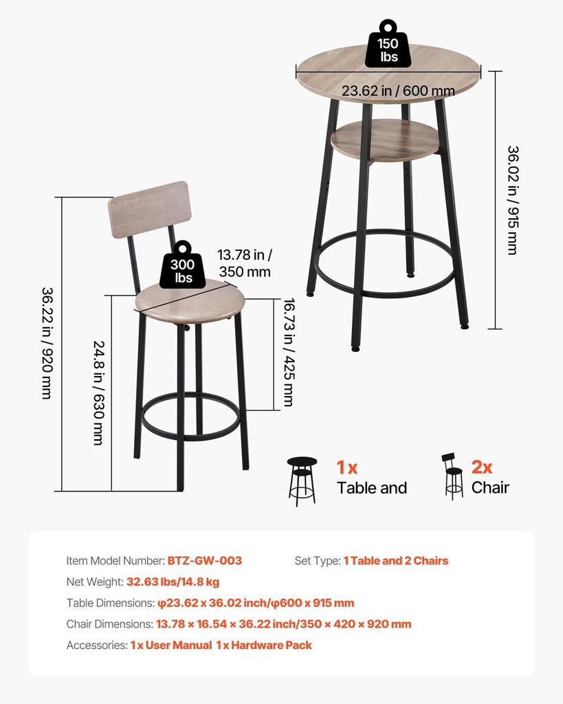 Bar Table, 3PCS 596.9mm Bars Tables Set, Bar Tables and Chair Set with Rounded Corner Design, Round Pub Table with Two Stools for Office Desk,