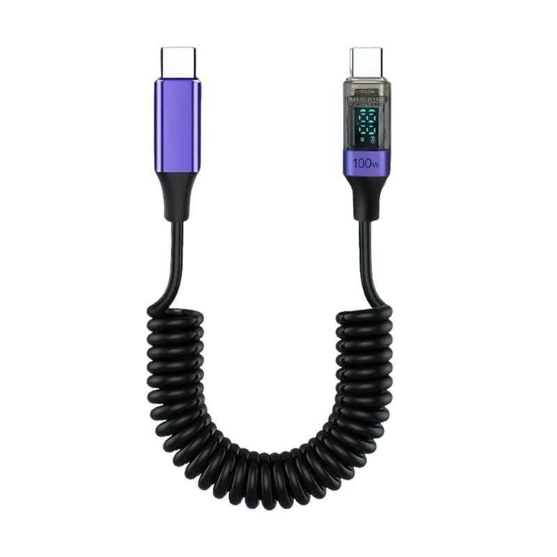 

USB C PD100W Fast Charging Intelligent Display Data Cable, Stretchable Spring Cord for Notebook, Phone фіолетовий