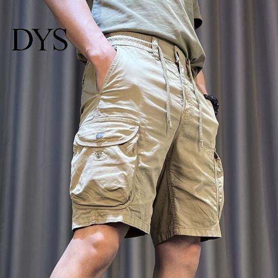 Men Cargo Shorts Elastic Waist Adjustable Drawstring Casual Straight Leg Beach with Reinforced Pockets Solid Color