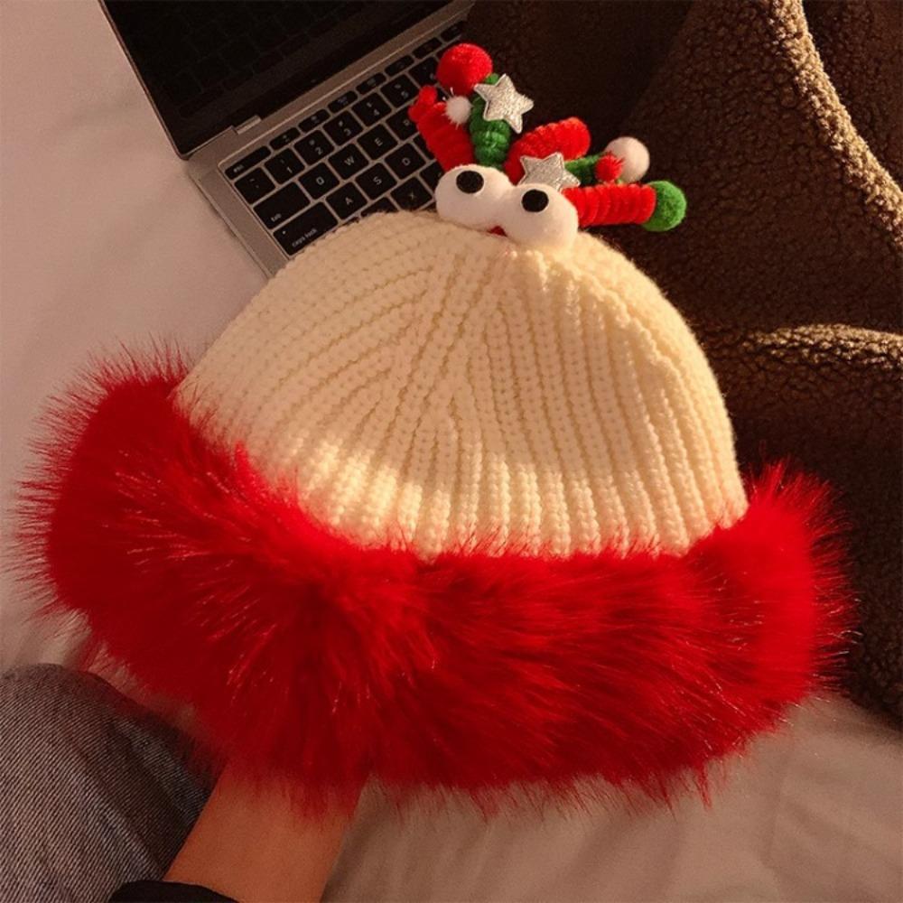 Soft Christmas Plush Cap Windproof Thickened Brimless Cap Versatile Red Knitted Woolen Hat  Outdoor
