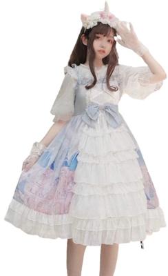 Lady Lazy Lolita Jumper Skirt with Castle Pattern Dress, Knee-Length (Blue)