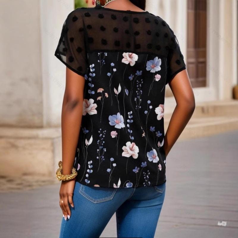 YYFS Women's Fashion Casual Summer Spring Flower Pattern Print Short Sleeve V-Neck Blouses & Shirts
