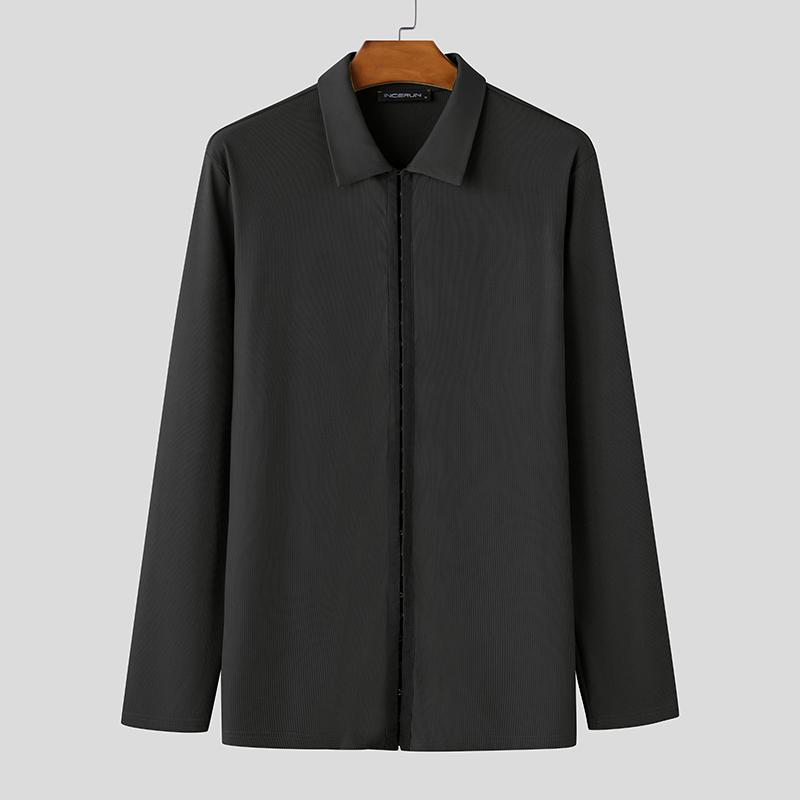 

INCERUN Мужские топы с воротником-лацканом, длинным рукавом, застежкой на кнопки, однотонные, облегающие, повседневные S чёрный