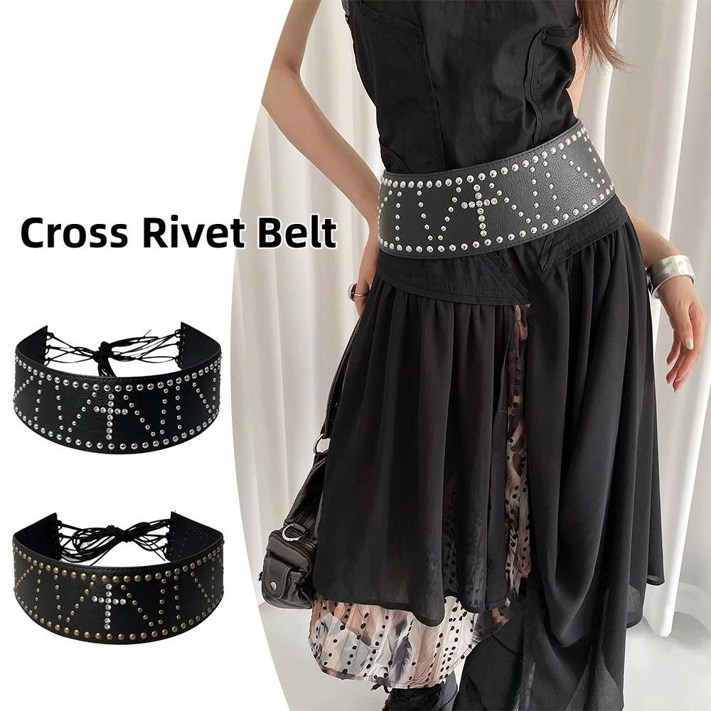 Wide Leather Waist Belt Vintage Women's Dress Belt Retro Cross Rivet Belt  Streetwear