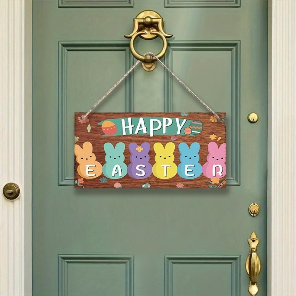 Colorful Rabbit Happy Easter Sign Flowers Pattern Cartoon Style Wall Decoration Egg Design Wooden Material Wooden Hanging Sign