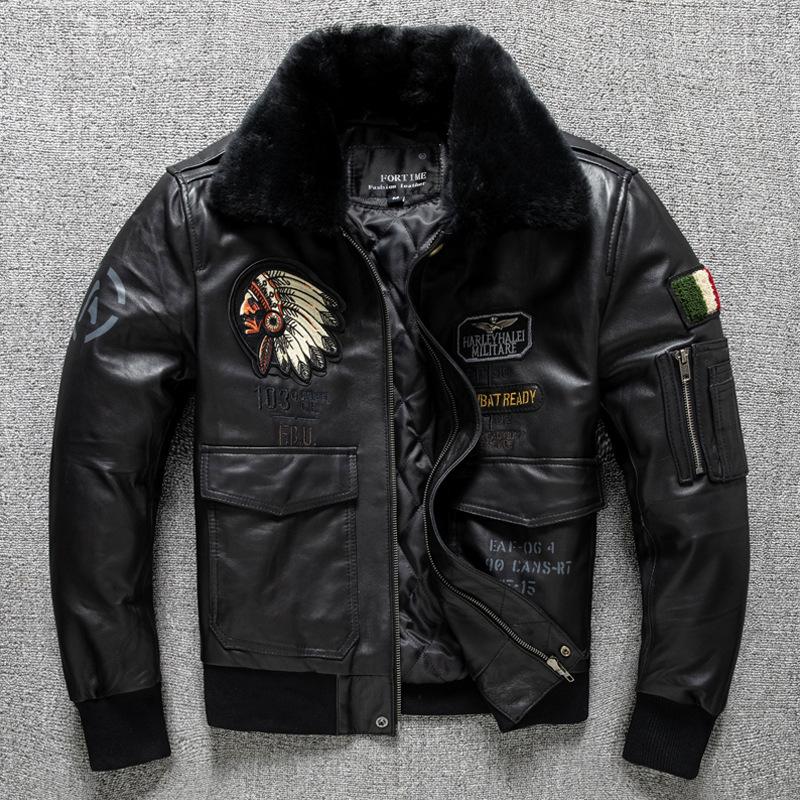 

Шерстяной воротник и хлопковая индийская вышивка, верхний слой овчина натуральная кожа куртка для мужчин, короткий летный костюм молодежная куртка 5XL