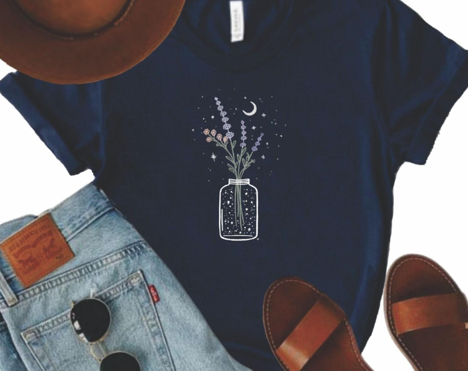 Cosmic Bouquet Graphic Tee, Botanical Wildflower Shirt S