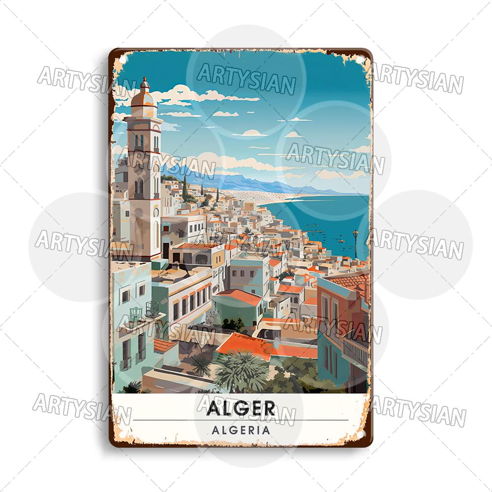 Maghreb Travel Cityscape Metal Sign Alger Algeria Djerba Tunisia Chefchaouen Morocco Marrakesh Zarzis Oran Tiaret Kabylie