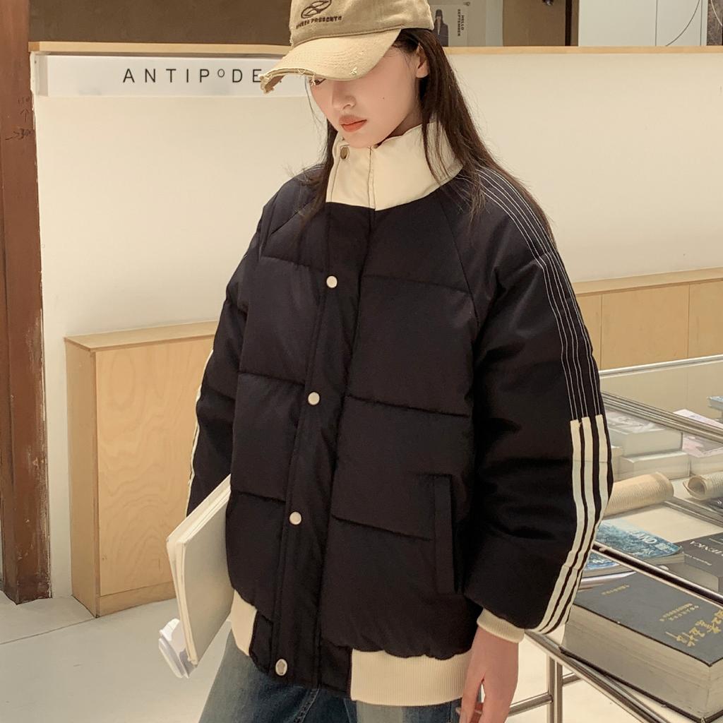 Splicing Contrast Thickened Stand-up Collar Padded Clothes for Schoolgirls 2025 Winter Design Striped Cotton Jacket Bread Jacket Jacket