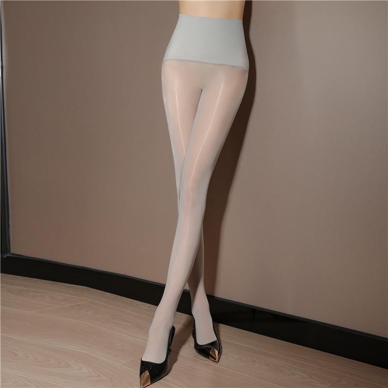 Damen Glatte Nahtlose Strümpfe mit Hohem Bund Pferdeölstrümpfe Sexy Glänzende Dünne Strumpfhosen in Hautfarbe One Size gray