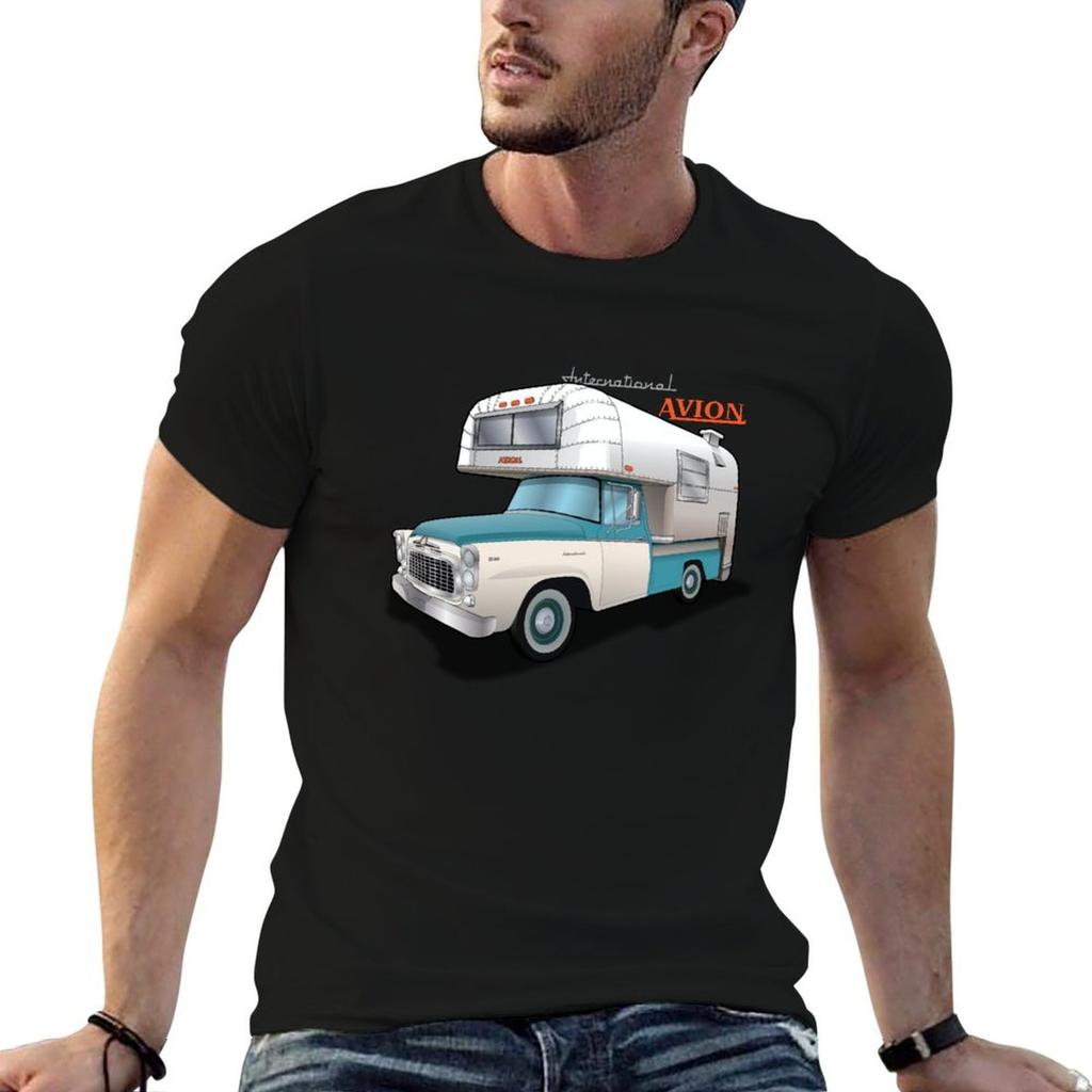 1960 Avion Camper and International Truck T-Shirt T Shirt Personalised Cotton T Shirt Man Anime