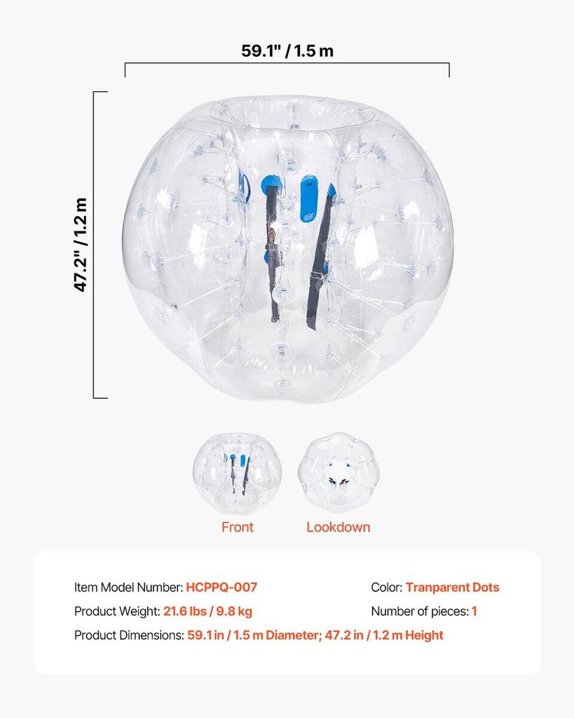 Nafukovací Bumper Ball 1 ks, 1,5M Body Sumo Zorb Balóny pro Teenagery a Dospělé, 0,8mm Silné PVC Lidské Křeččí Bublinové Balóny pro Venkovní Týmové Hraní