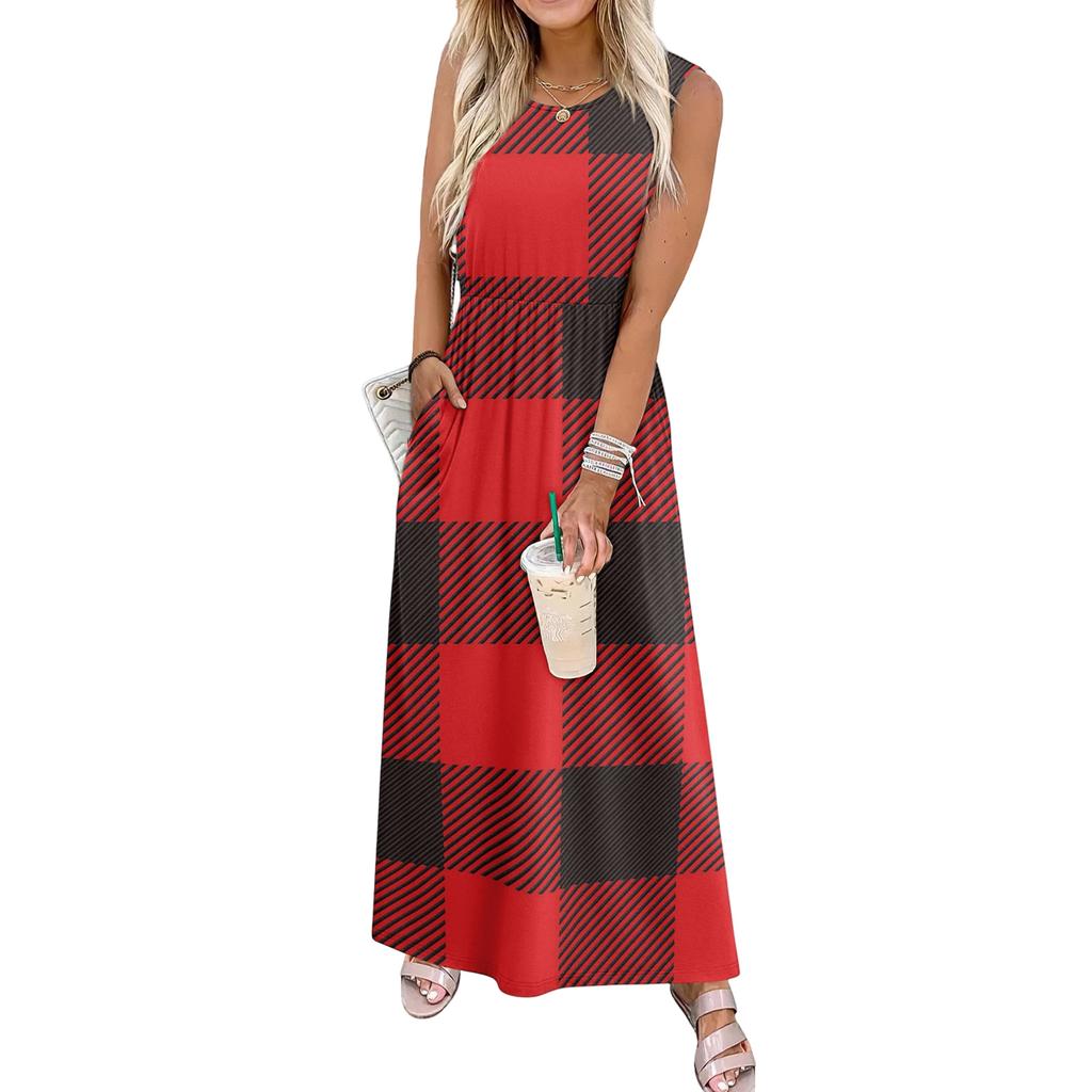 Ladies' Plaid Printed Casual and Fashionable Waist Cinched Sleeveless Dress