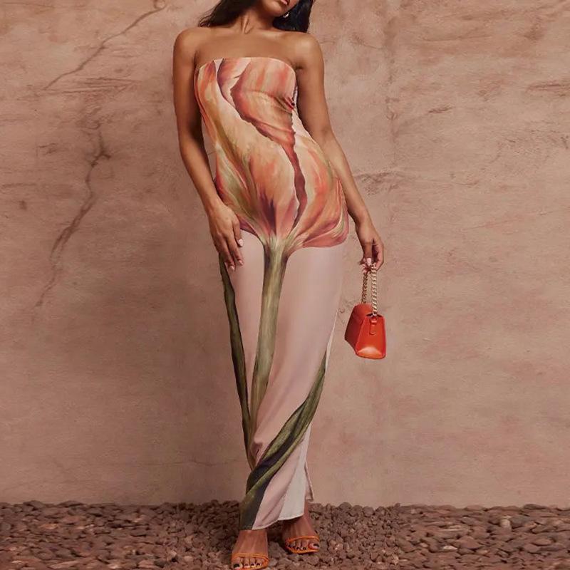 Spring Women's Sleeveless Off-Shoulder Backless Printed Dress