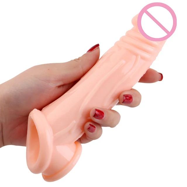Adult Sex Toy Extension Reusable Condom Penis Sleeve Male Penis Enlargement Time Delay Dildo Clit Massager Cover Cock Condoms