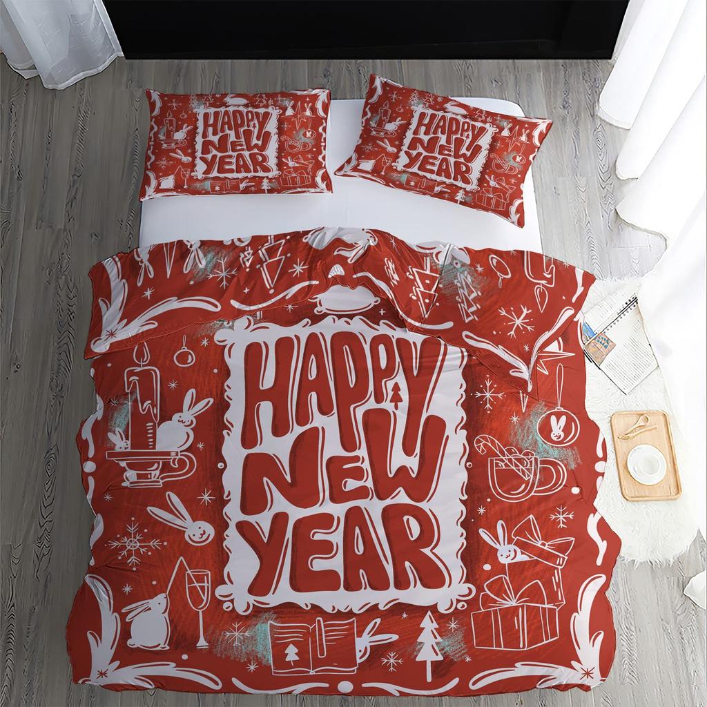 Pink Christmas Three-Piece Digital Printing Bedding Set Cartoon Santa Bed Cover
