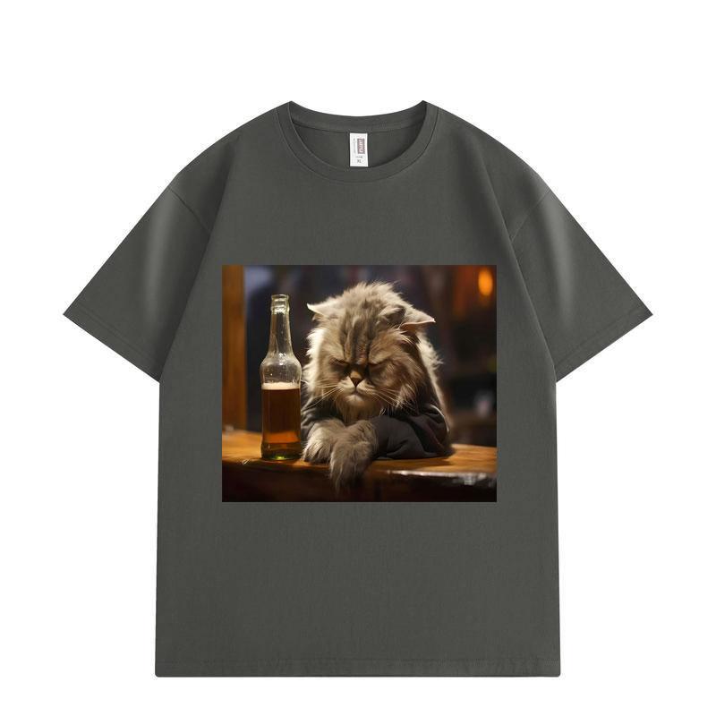 Funny Drunk Cat Graphic T Shirts Men Women Clothing Oversized Cotton Fashion T-shirts Summer  Loose Short Sleeve T-shirt