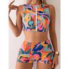 Vintage Orange Geometry Print Tankini Set 2026 Swimwear Women Zipper Push Up Sports Tank Top High Waist Shorts 2 Piece Swimsuit