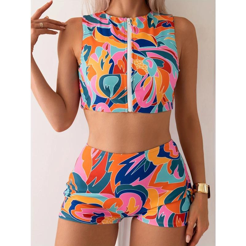 Vintage Orange Geometry Print Tankini Set 2026 Swimwear Women Zipper Push Up Sports Tank Top High Waist Shorts 2 Piece Swimsuit