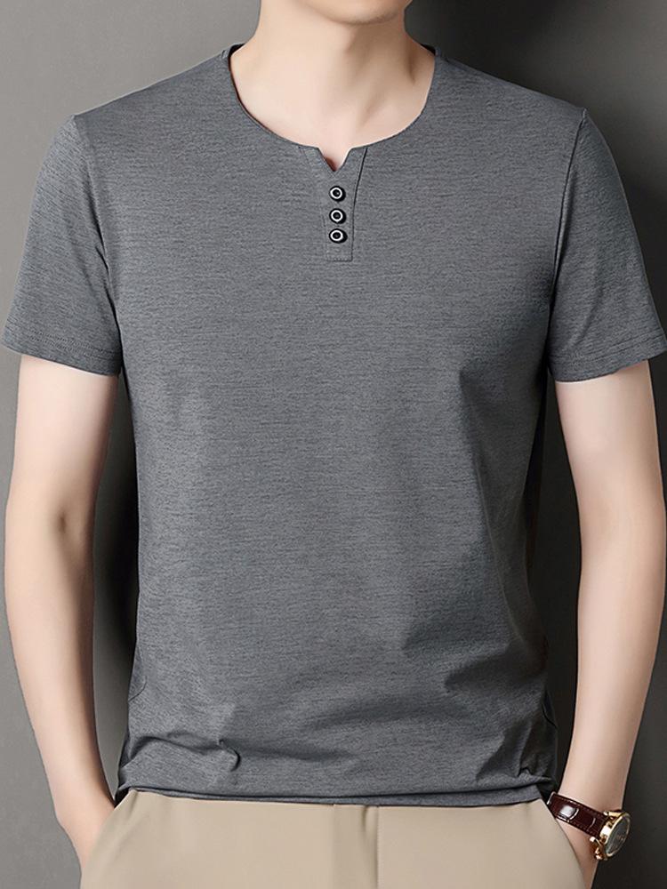 Men's Summer Crew Neck Solid Color Casual Short Sleeve T-shirt, Versatile Korean V-neck Style