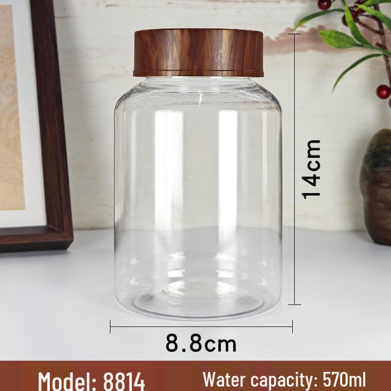 PET Plastic Storage Jar with Imitation Wood Grain Lid, High Transparency, Food Grade for Medicine, Herbs, Tea, Flowers, Grains, and Nuts.