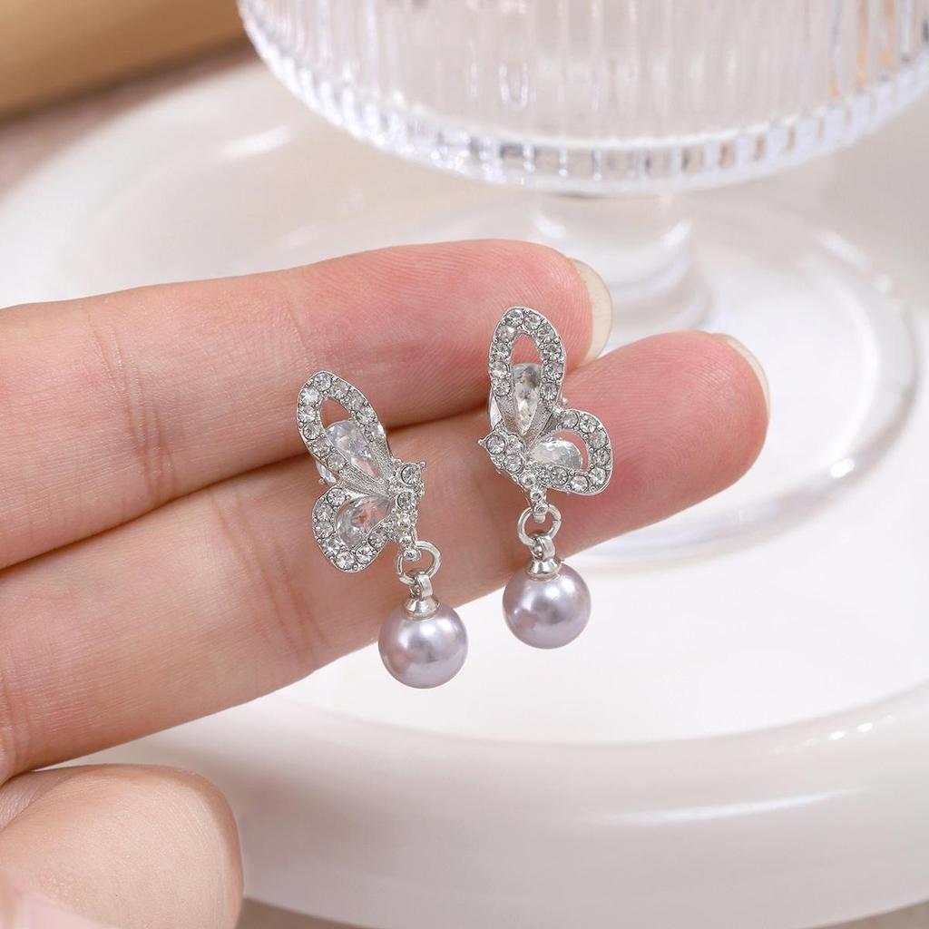Silver Needle Light Luxury Pearl & Rhinestone Butterfly Earrings for Women
