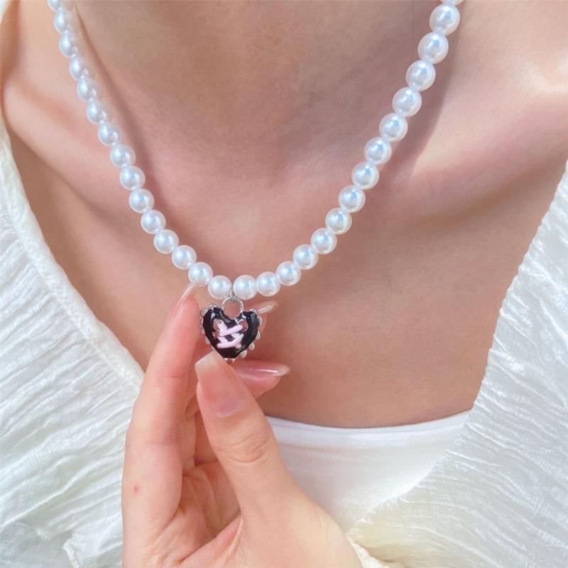 Imitation Pearl Beaded Choker Adjustable Length Neckchain Accessory for Ladies Heart/Crucifix/Cats Pendant Necklace