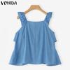 VONDA Women Summer Strap Sleeveless Irreglar Layers Ruffled Casual Tank Tops
